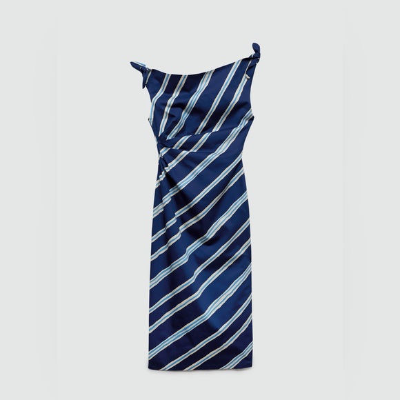 Mango One Shoulder Blue Striped dress with bare shoulders NWT - Picture 2 of 4